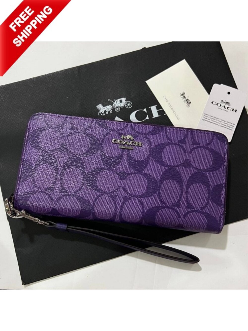 Share COACH Long Round Zip Wallet with Strap Purple Signature C4452 F/S JP New